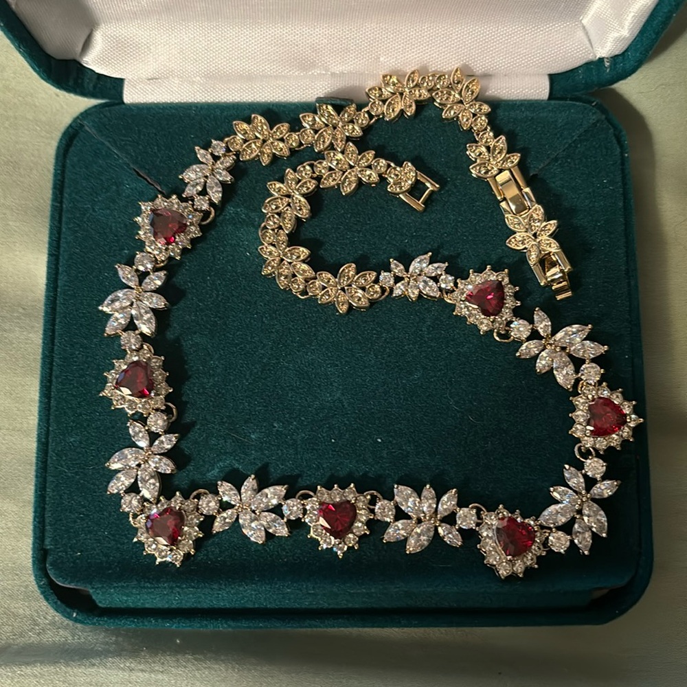 Grace Kelly Collection Clarion Pell Simulated Diamond and Ruby Hearts Necklace
